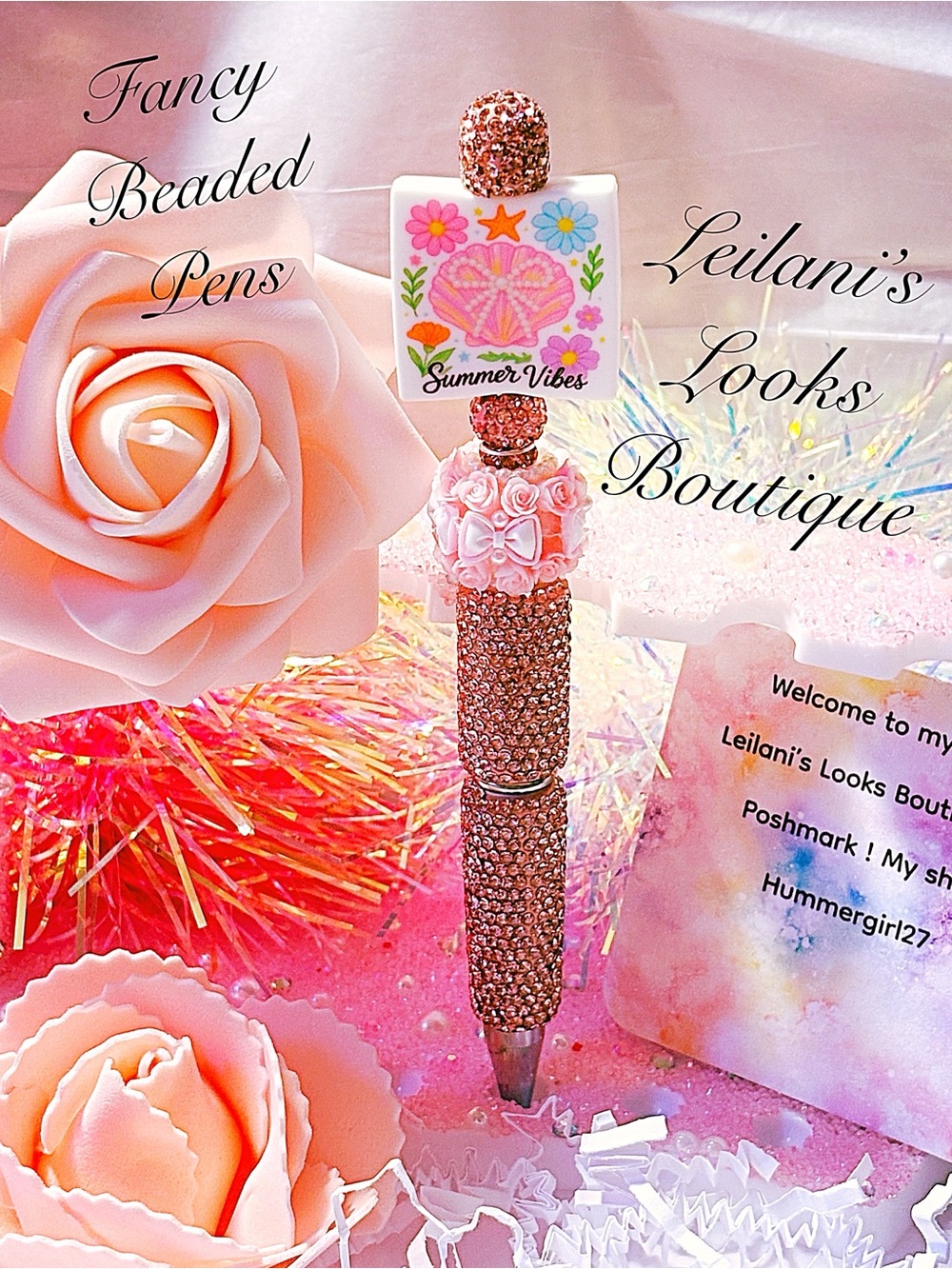 Sparkling Pink Beaded Pen - Summer Vibes Topper